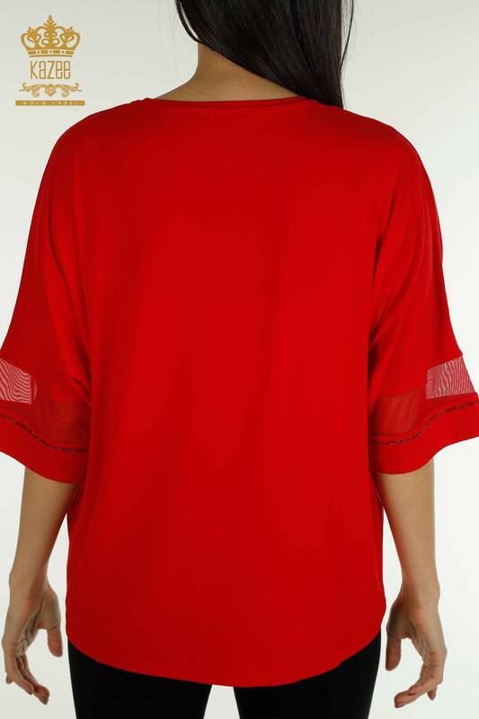 Hurtownia bluzek damskich z tiulowymi detalami czerwona - 79051 | KAZEE