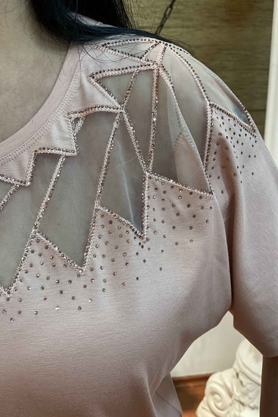 Hurtownia damska bluzka tiulowa szczegółowa kamienista z krótkim rękawem - 76809 | Kazee - Thumbnail