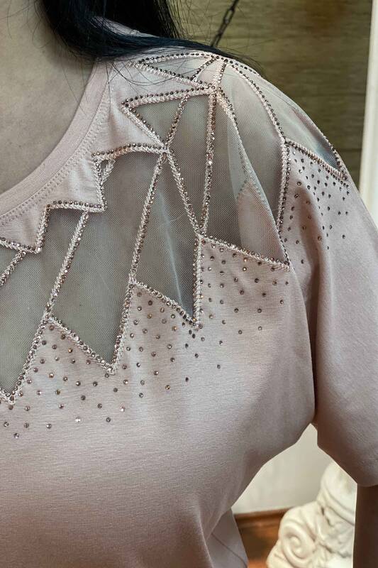 Hurtownia damska bluzka tiulowa szczegółowa kamienista z krótkim rękawem - 76809 | Kazee