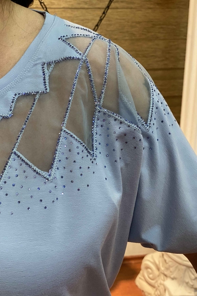 Hurtownia damska bluzka tiulowa szczegółowa kamienista z krótkim rękawem - 76809 | Kazee - Thumbnail
