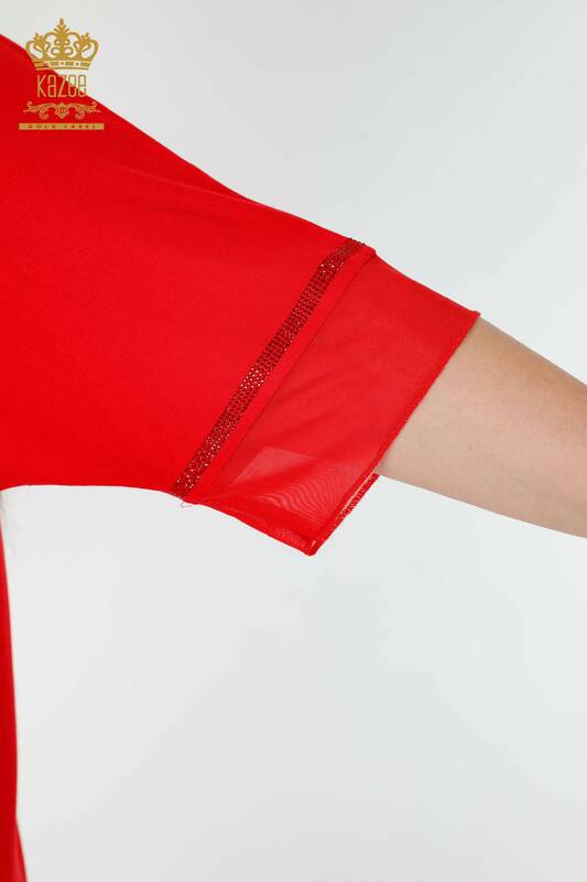 Hurtownia bluzek damskich tiulowych ze szczegółowymi wzorami w kolorze czerwonym - 78871 | KAZEE