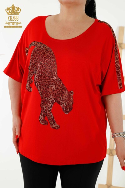 Hurtownia czerwonej bluzki damskiej z detalami tygrysa - 77683 | KAZEE - Thumbnail