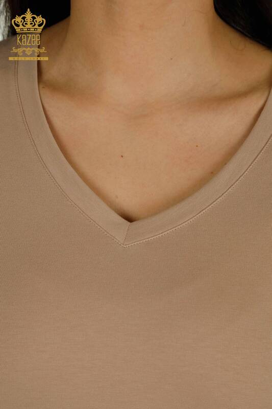 Hurtownia bluzek damskich - dekolt w kształcie litery V - Ciemny Beż - 79564 | KAZEE