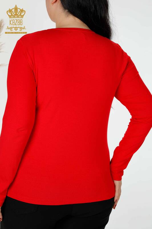 Hurtownia bluzek damskich z dekoltem w kształcie litery V, haftowana w kamienie, czerwona - 79016 | KAZEE