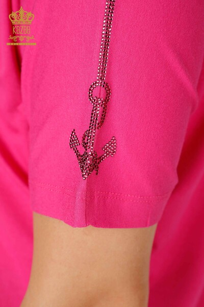 Hurtownia bluzek damskich z dekoltem w kształcie litery V, haftowana w kolorze fuksji - 78931 | KAZEE - Thumbnail