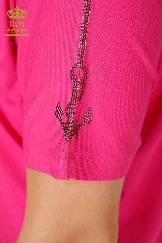 Hurtownia bluzek damskich z dekoltem w kształcie litery V, haftowana w kolorze fuksji - 78931 | KAZEE