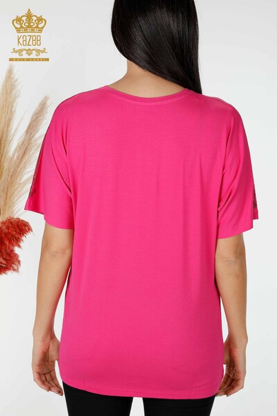 Hurtownia bluzek damskich z dekoltem w kształcie litery V, haftowana w kolorze fuksji - 78931 | KAZEE - Thumbnail