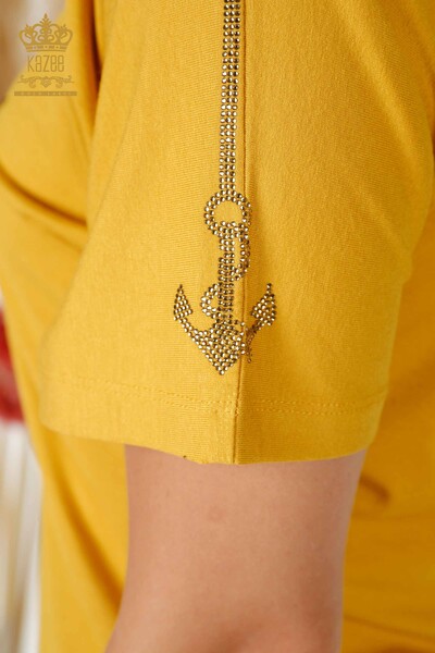 Hurtownia bluzek damskich z dekoltem w kształcie litery V, haftowanym kamieniem szafranowym - 78931 | KAZEE - Thumbnail