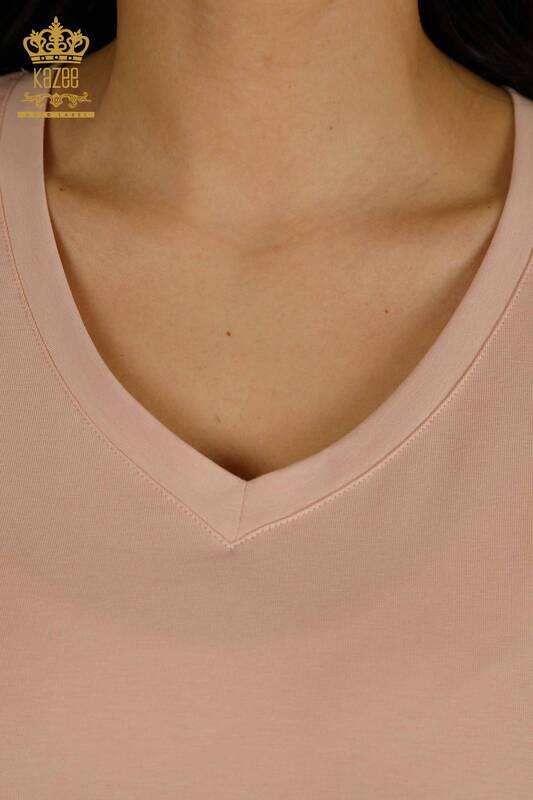 Hurtownia bluzek damskich - Dekolt w kształcie litery V - pudrowy - 79564 | KAZEE
