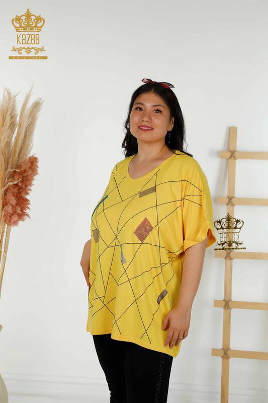 Hurtownia bluzek damskich z dekoltem w kształcie litery V, żółta - 79320 | KAZEE