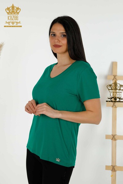 Hurtownia bluzek damskich z dekoltem w kształcie litery V, zielona - 79179 | KAZEE - Thumbnail