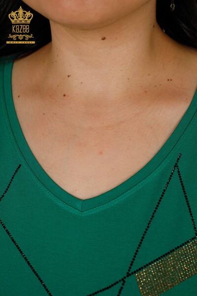 Hurtownia bluzek damskich z dekoltem w kształcie litery V, zielona - 79320 | KAZEE - Thumbnail