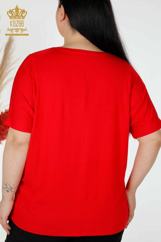 Hurtownia bluzek damskich w kolorze kamienia haftowanej czerwieni - 78913 | KAZEE
