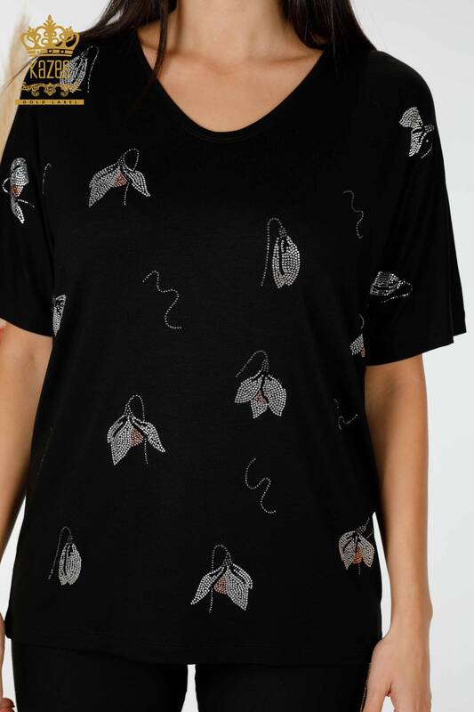 Hurtownia bluzek damskich w kwiatowe wzory, czarna - 78934 | KAZEE