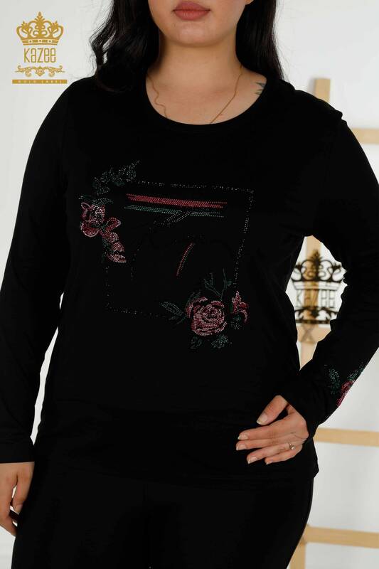 Hurtownia bluzek damskich w kwiatowe wzory, czarna - 79042 | KAZEE