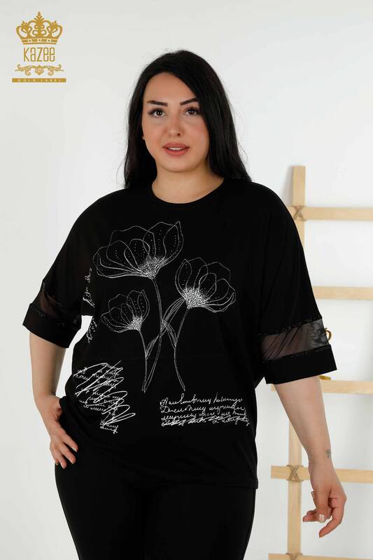 Hurtownia bluzek damskich w kwiatowe wzory, czarna - 79059 | KAZEE