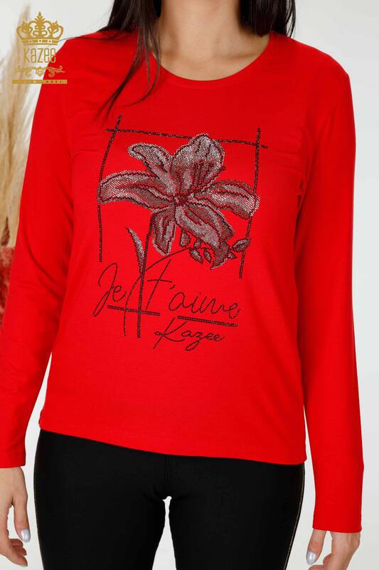 Hurtownia bluzek damskich w kwiatowe wzory, czerwona - 79014 | KAZEE