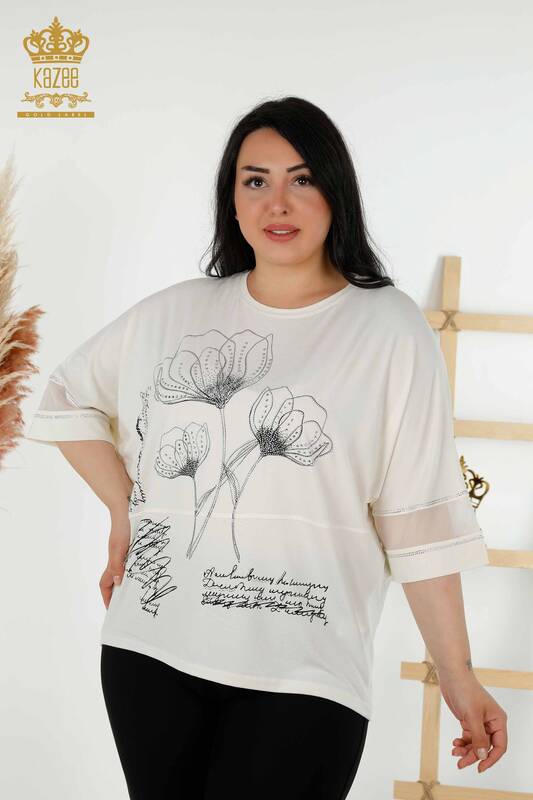 Hurtownia bluzek damskich w kwiatowe wzory ecru - 79059 | KAZEE