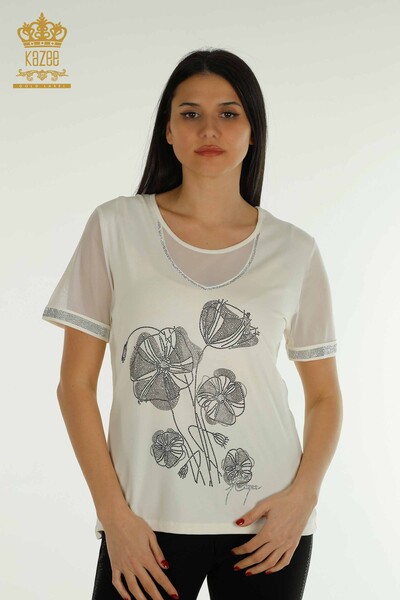 Hurtownia bluzek damskich w kwiatowe wzory ecru - 79290 | KAZEE - Thumbnail