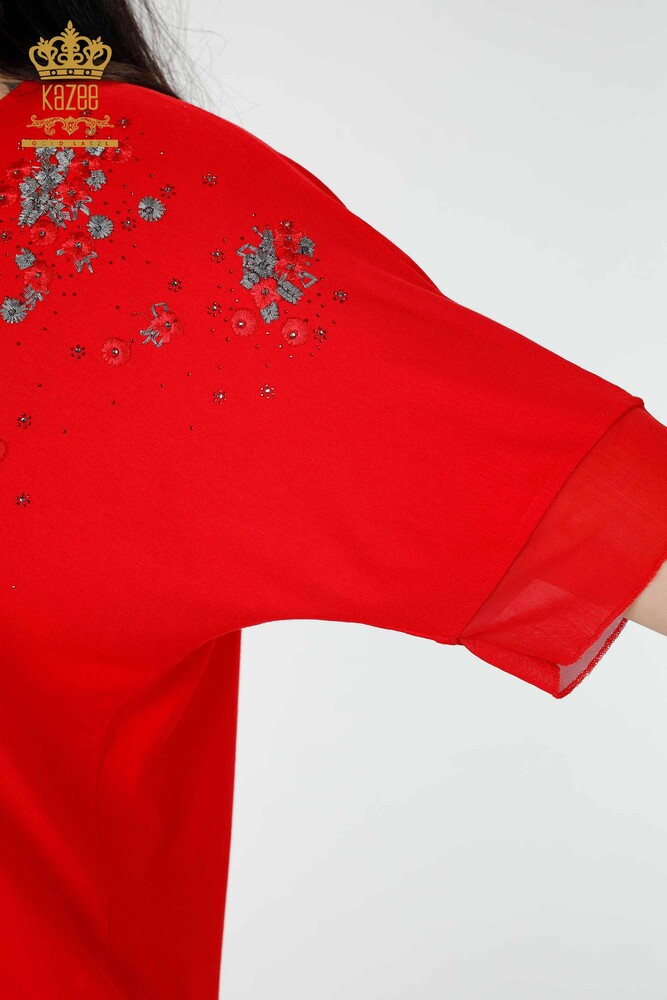 Hurtownia bluzek damskich w kwiatowe wzorzyste tiulowe szczegółowe czerwone - 79032 | KAZEE - 4