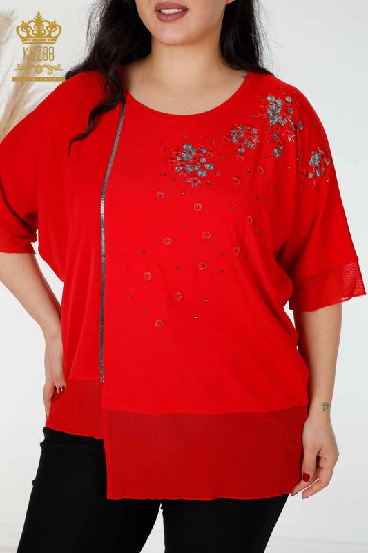 Hurtownia bluzek damskich w kwiatowe wzorzyste tiulowe szczegółowe czerwone - 79032 | KAZEE