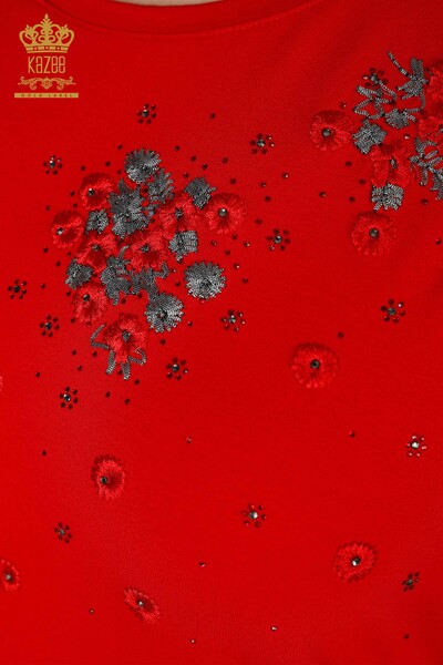 Hurtownia bluzek damskich w kwiatowe wzorzyste tiulowe szczegółowe czerwone - 79032 | KAZEE - Thumbnail