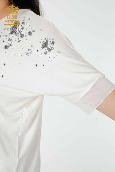 Hurtownia bluzek damskich w kwiatowe wzorzyste tiulowe szczegółowe ecru - 79032 | KAZEE - Thumbnail