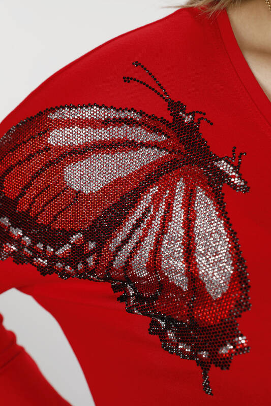 Hurtownia damska bluzki z okrągłym dekoltem i wzorem w motyle - 77971 | kaze