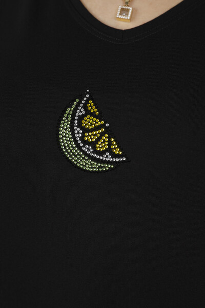 Hurtownia damska bluzki we wzorzyste kamienie, z haftowanym dekoltem w kształcie litery V, z długim rękawem - 77934 | KAZEE - Thumbnail