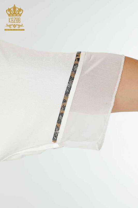 Hurtownia bluzek damskich we wzorzyste tiulowe detale w kolorze ecru - 79027 | KAZEE