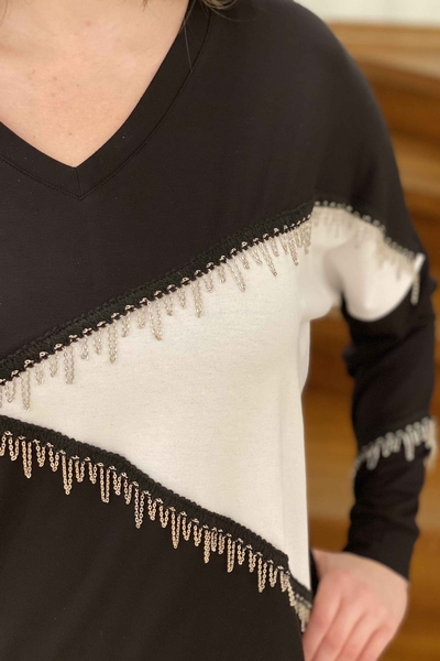 Hurtownia damskiej bluzki z łańcuszkiem, szczegółowym długim rękawem - 77590 | Kazee - Thumbnail