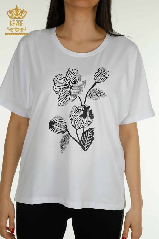 Hurtownia bluzek damskich z kwiatowym haftem, biała - 79459 | KAZEE