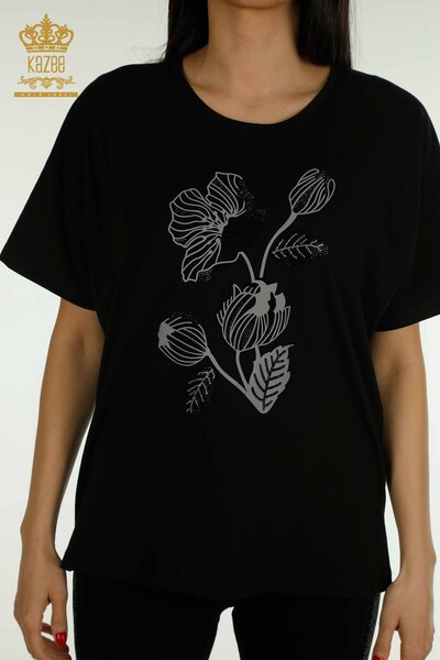 Hurtownia bluzek damskich z kwiatowym haftem w kolorze czarnym - 79459 | KAZEE - Thumbnail