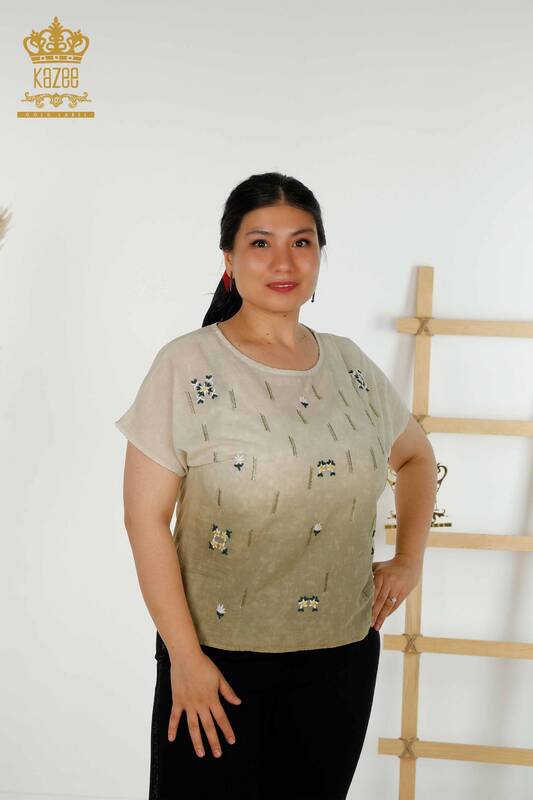 Hurtownia bluzek damskich z okrągłym dekoltem Khaki - 79132 | KAZEE