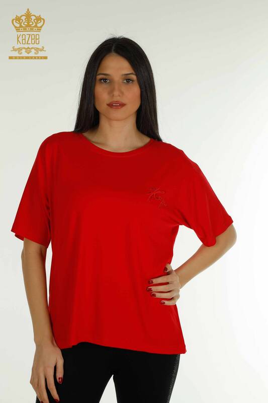 Hurtownia bluzek damskich z krótkim rękawem czerwona - 79302 | KAZEE