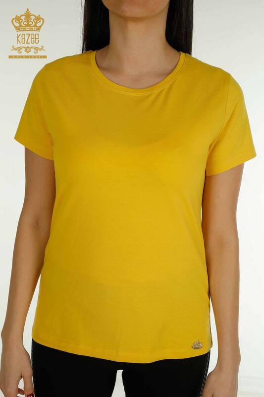Hurtownia bluzek damskich z krótkim rękawem w kolorze żółtym - 79178 | KAZEE