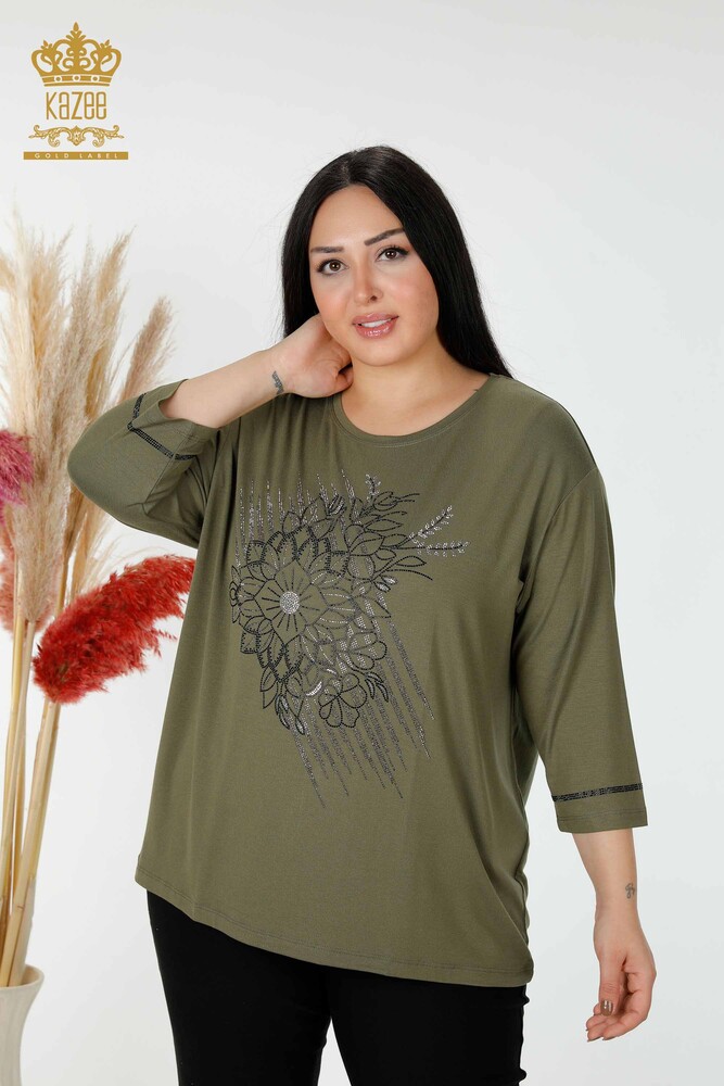 Hurtownia bluzek damskich Crystal Stone Haftowane Khaki - 78944 | KAZEE - 1