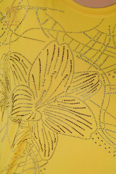 Hurtownia bluzek damskich z kryształowymi kamieniami haftowanymi w kolorze żółtym - 78835 | KAZEE - Thumbnail