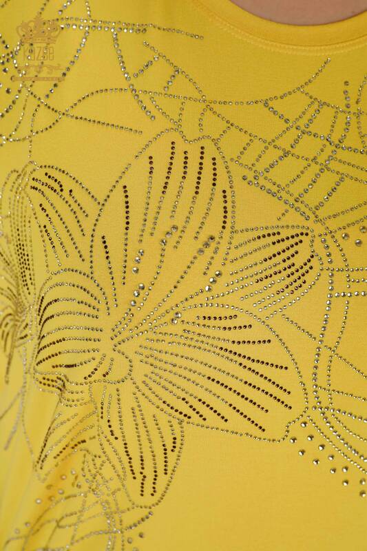 Hurtownia bluzek damskich z kryształowymi kamieniami haftowanymi w kolorze żółtym - 78835 | KAZEE