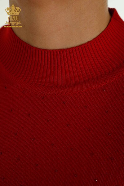 Hurtownia swetrów damskich z dzianiny - Haftowany kamieniami - Czerwony - 30677 | KAZEE - Thumbnail