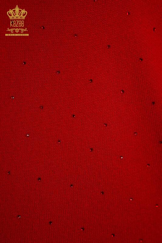 Hurtownia swetrów damskich z dzianiny - Haftowany kamieniami - Czerwony - 30677 | KAZEE
