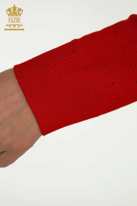 Hurtownia swetrów damskich z dzianiny - Haftowany kamieniami - Czerwony - 30677 | KAZEE