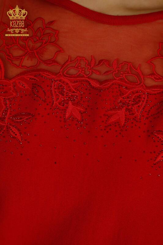 Hurtownia swetrów damskich z dzianiny - haftowane kwiaty - czerwony - 30228 | KAZEE
