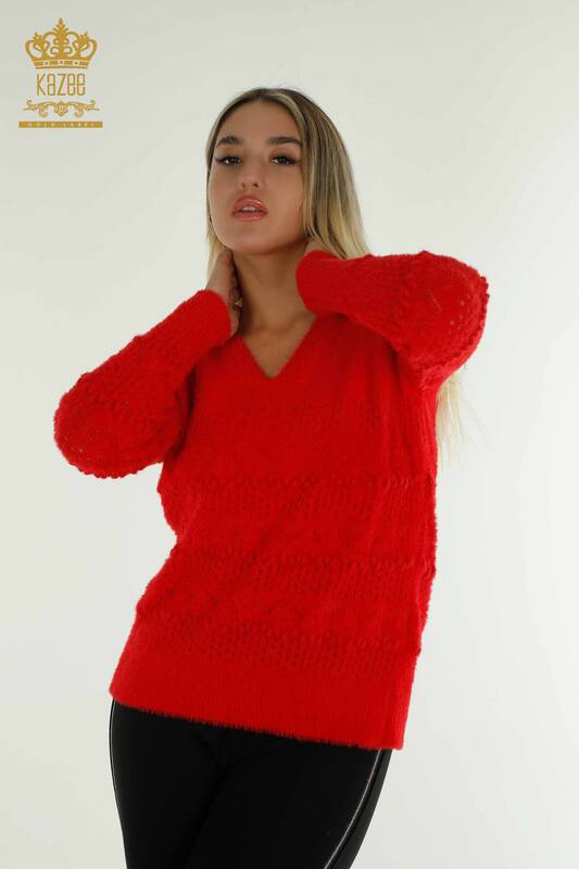 Hurtownia swetrów damskich z dzianiny - Angora - dekolt w kształcie litery V - czerwony - 30697 | KAZEE