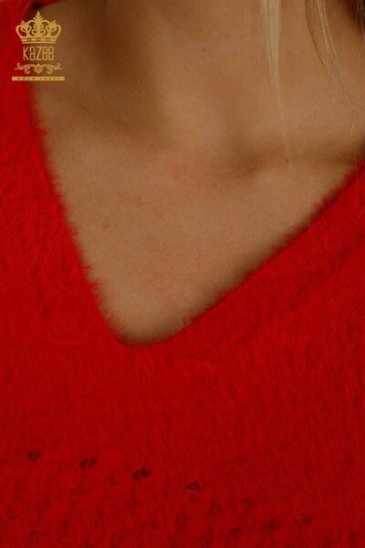 Hurtownia swetrów damskich z dzianiny - Angora - dekolt w kształcie litery V - czerwony - 30697 | KAZEE - Thumbnail
