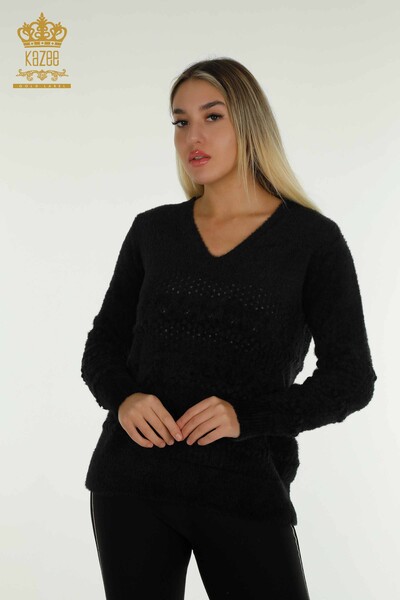 Hurtownia swetrów damskich z dzianiny - Angora - dekolt w kształcie litery V - czarny - 30697 | KAZEE - Thumbnail