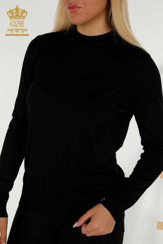Hurtownia swetrów damskich z dzianiny - Basic - Z Logo - Czarny - 30253 | KAZEE