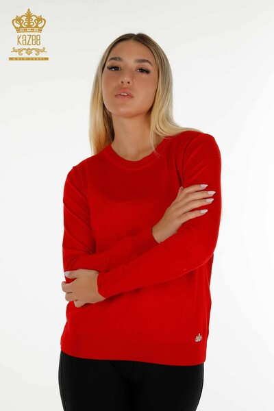Hurtownia swetrów damskich z dzianiny - Basic - Z Logo - Czerwony - 11052 | KAZEE - Thumbnail