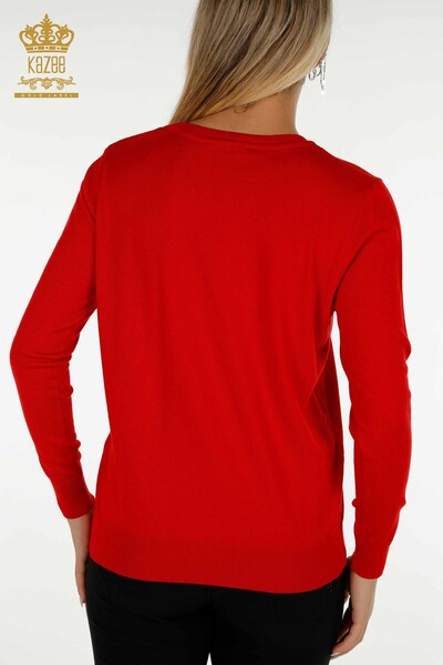 Hurtownia swetrów damskich z dzianiny - Basic - Z Logo - Czerwony - 11052 | KAZEE - Thumbnail
