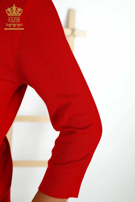 Hurtownia swetrów damskich z dzianiny - Basic - Z Logo - Czerwony - 30258 | KAZEE
